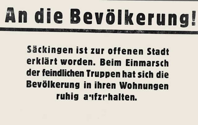 Dieser Aufruf an die Sckinger Brger wurde am 25. April 1945 verteilt.   | Foto: Repro: Stadtarchiv Bad Sckingen