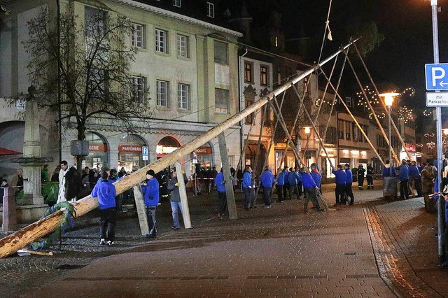 Von beachtlicher Gre und dann auch n...euchtet: Schopfheims neuer Narrenbaum.  | Foto: Hans-Jrgen  Hege