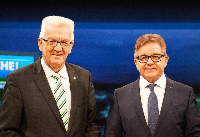 Ministerprsident Winfried Kretschmann...uido Wolf (CDU, r.) bei der TV-Debatte  | Foto: dpa