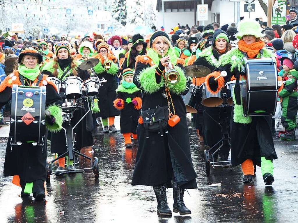 In Stegen beteiligten sich 74 Narrenznfte, Musikkapellen, Guggemusiken und Fasnetcliquen am groen Jubilumsumzug der Waldgeister.