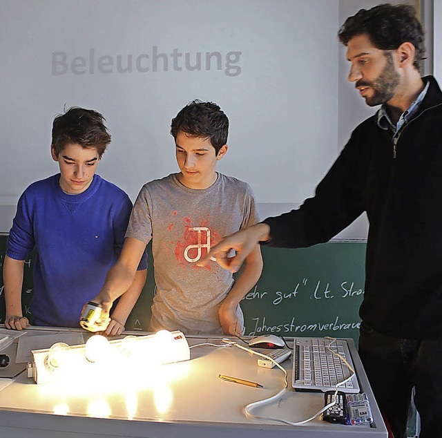 Die Schler  Finn Gutmann (links) und ...e Lampe am wenigsten Strom verbraucht.  | Foto: Privat