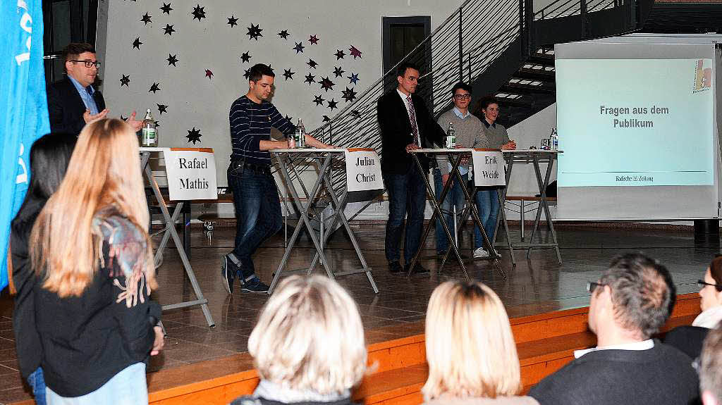 Die Kandidaten Erik Weide, Julian Christ und Rafael Mathis standen den jugendlichen Moderatoren und dem Publikum Rede und Antwort.