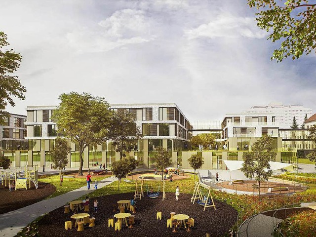 Ansicht von Osten: Vor der Kinderklinik sind  Park und Spielplatz  geplant.  | Foto: Visualisierung: Health Team Vienna