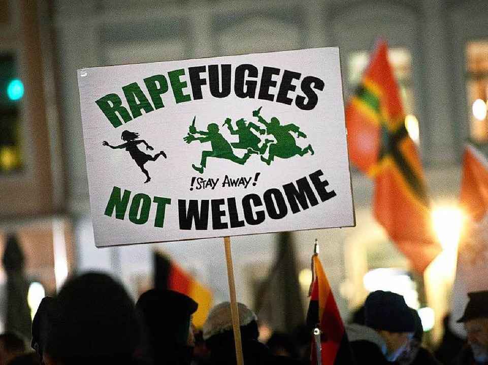 Plakat auf einer Pegida-Demo in Dresden.  | Foto: dpa