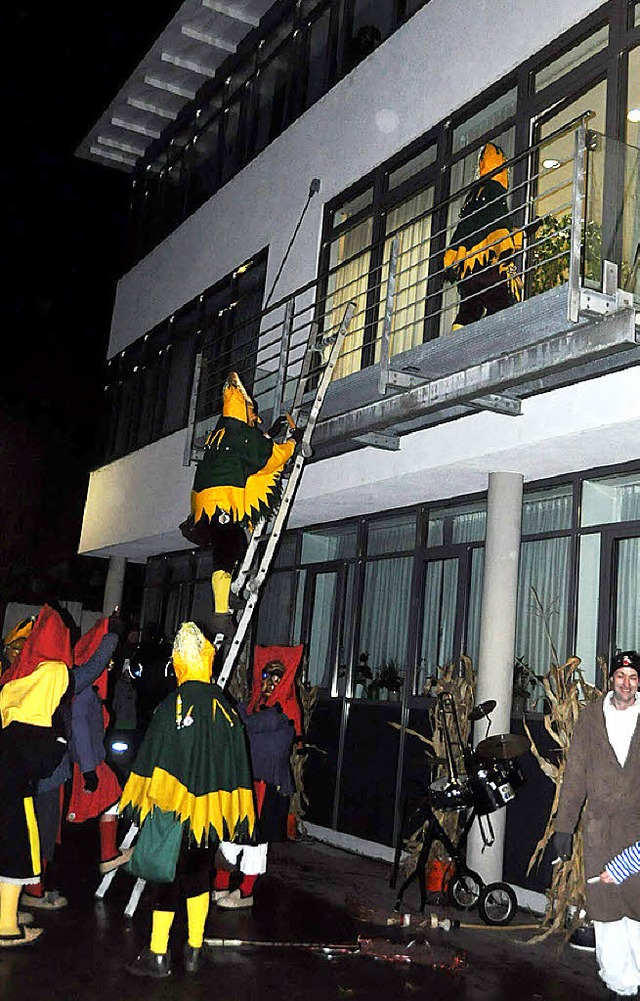 Per Leiter verschafften sich die Denzlinger Narren Zugang ins Rathaus.   | Foto: Herbert Geisler