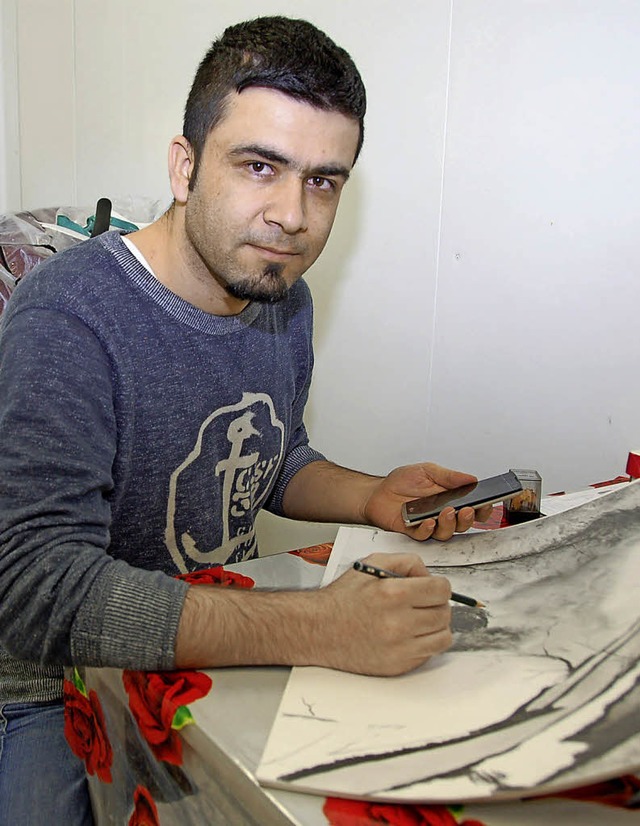 Zeichnen um zu vergessen / Mustafa Moh...d lebt im Gundelfinger Flchtlingscamp  | Foto: Andrea Steinhart