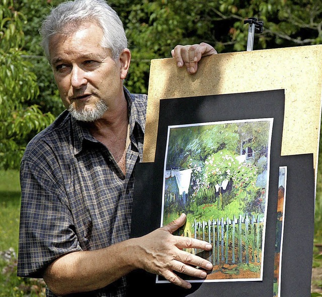 Karlheinz Beyerle auf dem Macke-Rundwe...22;Wäsche im Garten in Kandern“. | Foto: Roswitha frey Karlheinz Beyerle auf dem Macke-Rundwe...22;Wäsche im Garten in Kandern“. | Foto: Roswitha frey