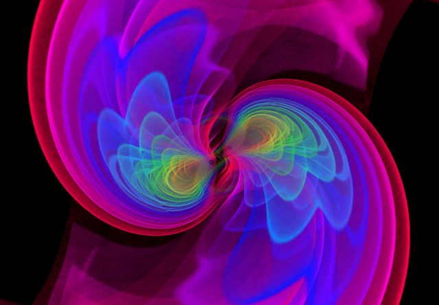 Simulationen zeigen, wie zwei Schwarze...ravitationswellen (undatiertes Bild).   | Foto: Dpa/  Ossokine/ Buonanno/Max-Planck-In... Gravitationsphysik/W. Benger/Airborne