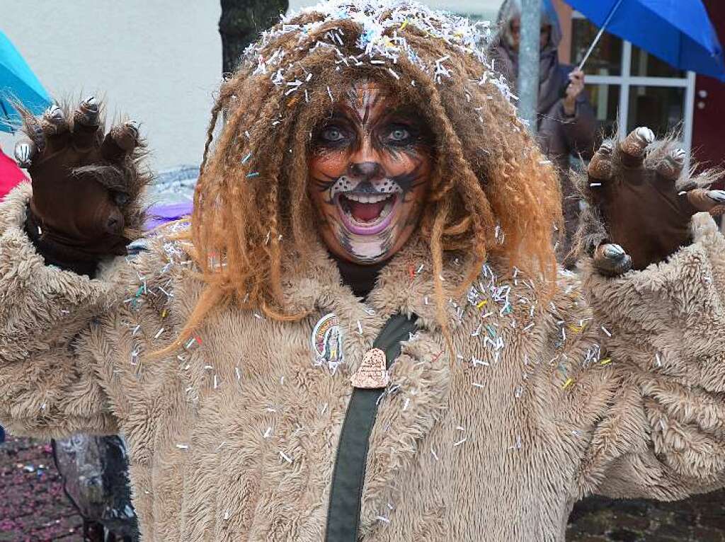 Kaum eine Pause machte am Sonntag der Regen – aber weder die rund 3500 Narren aus 159 Znften und Cliquen, noch die rund 15 000 Besucher konnte das davon abhalten, entlang der Hauptstrae ein ausgelassenes Fest zu feiern.