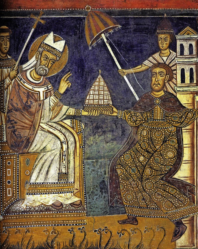 Romanisches Fresko: Kaiser Konstantin (r.)  vor Papst Silvester I.  | Foto: Pro