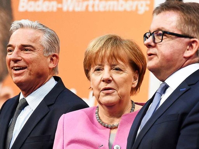 Landesvorsitzender Thomas Strobl, Kanz...f (von links) beim CDU-Landesparteitag  | Foto: dpa