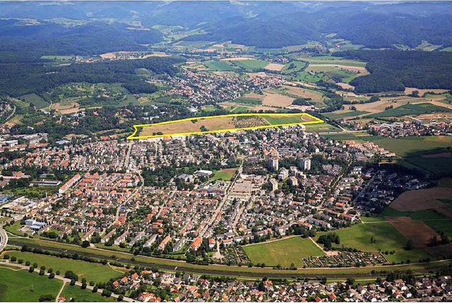 Das Gebiet Haselwald/Spitzmatten (gelb) aus der Luft.   | Foto: Stadt