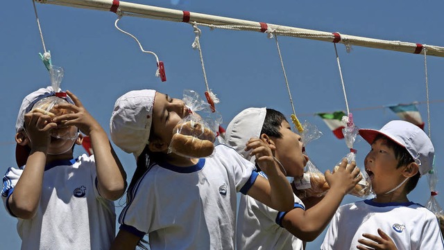 Japanische Grundschler fangen mit ihr...ovinz Chiba an Kordeln befestigt ist.   | Foto: dpa