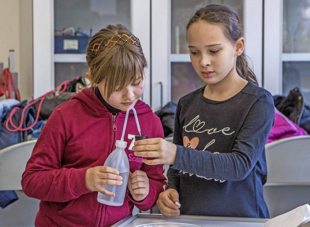 <BZ-FotoAnlauf>IBG:</BZ-FotoAnlauf>  Zwei Grundschlerinnen experimentieren.   | Foto: Schule