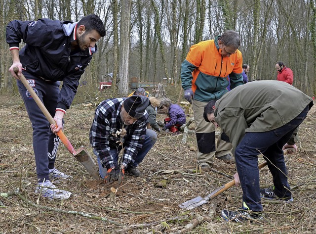 Gute Stimmung herrschte trotz des anfa...Flchtlinge mit ihren Paten mithalfen.  | Foto: Benedikt Sommer