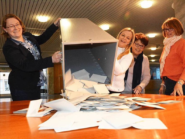 Wahlhelferinnen entleeren die Urne im Wahlbezirk 11 im Weiler Rathaus.  | Foto: Hannes Lauber