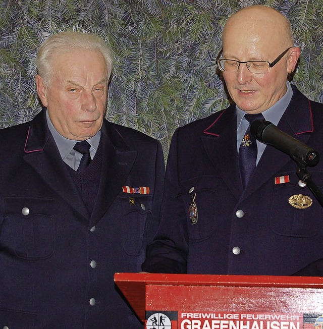 Ernst Matt (links) erhielt von Gesamtk...it 50 Jahren aktiven Dienst versieht.   | Foto: Claudia Renk