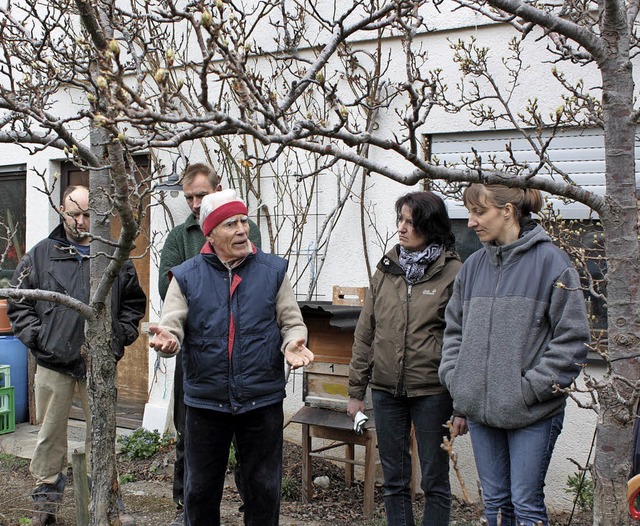Klaus Dilger erklrt, wie Obstbaumpfle...che Sorten in der Region gut wachsen.   | Foto: Dorothee  Kuhlmann