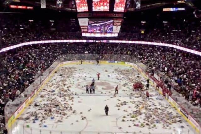 Video: Wie kanadische Hockeyfans 25000 Stofftiere aufs Eis werfen