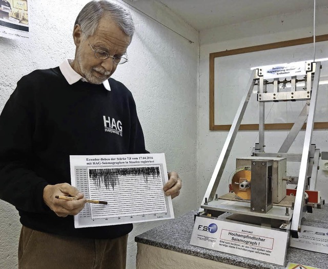 Winfried Sturm mit dem Seismogramm des Ecuador-Bebens  | Foto: privat