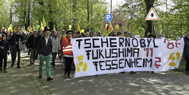 Mit Transparenten, Flaggen und Luftbal...isach viele Menschen gegen Atomkraft.   | Foto: Elisabeth Saller