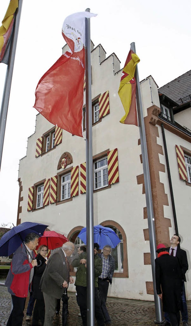 Die Jubilumsflaggen hngen vor dem Rathaus.   | Foto: Heidi Fssel
