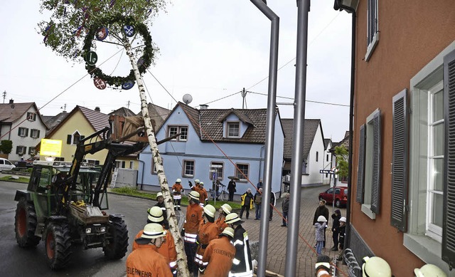 Sasbach. Der Maibaum mit Maikranz und Gewerketafeln wird aufgestellt.  | Foto: Roland Vitt