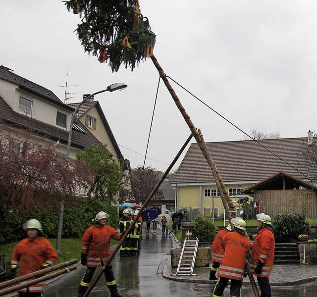 In Wittlingen brauchte die Feuerwehr n...rsuch fr das Aufstellen des Maibaums.  | Foto: Jutta Schtz