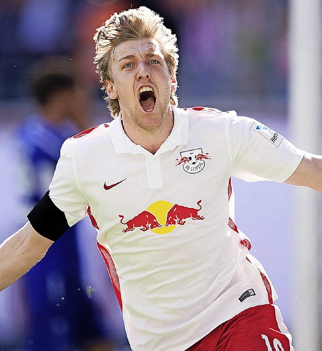 Sein Tor zum 1:0 bedeutet Bundesliga fr Leipzig: RB-Strmer Emil Forsberg   | Foto: afp