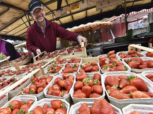 Rot ist Trumpf: Kurt Schneider mit den Erdbeeren.  | Foto: Michael Bamberger