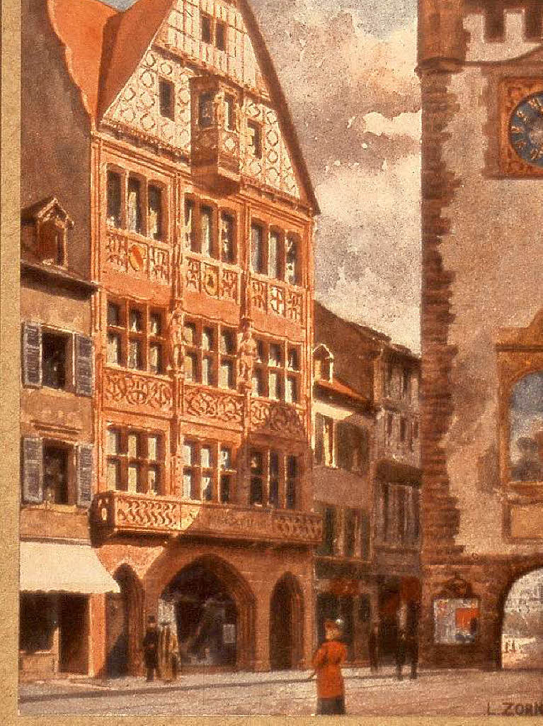 Das Haus der "Freiburger Zeitung" auf einem Aquarell von Ludwig Zorn, ca. 1910.