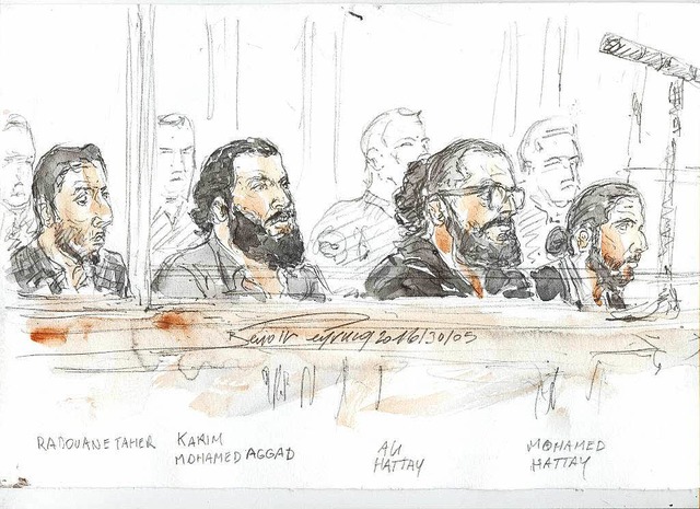 Die Angeklagten  in Paris,  vom Gerichtszeichner portrtiert.  | Foto: AFP
