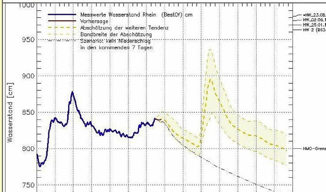 Fr Freitag knnte laut Vorhersage am ...eine Hochwasserwelle am Rhein kommen.   | Foto: BZ