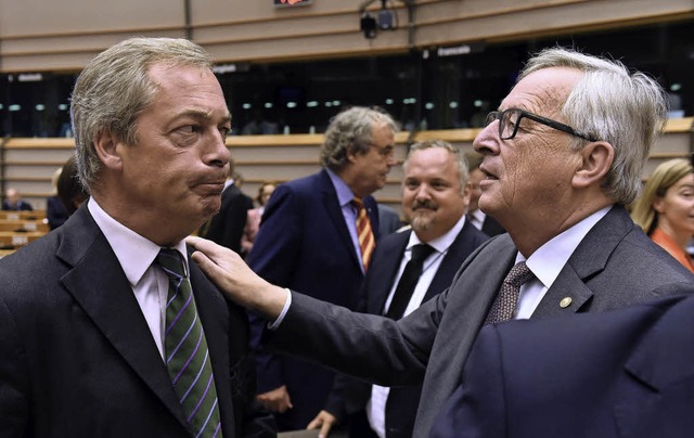 Der Brite   Nigel Farage, der den Brex...rsident Jean-Claude Juncker anhren.   | Foto: afp