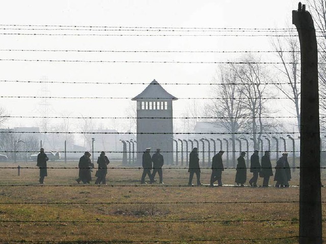 Eine Besuchergruppe geht ber das Gel...Vernichtungslagers Auschwitz-Birkenau.  | Foto: JANEK SKARZYNSKI
