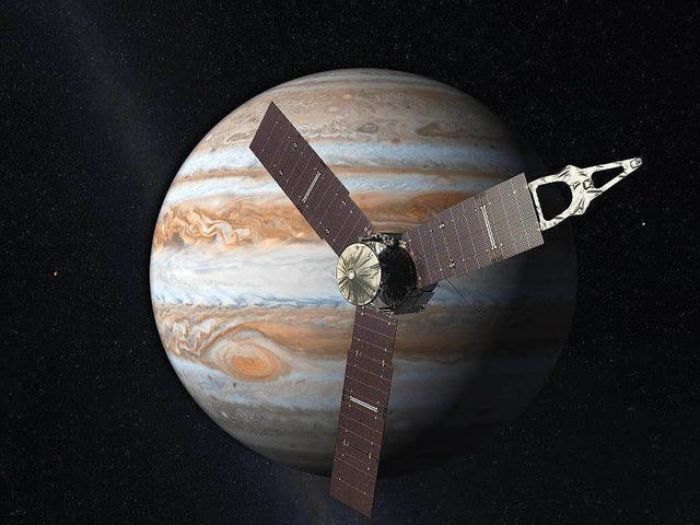 Illustration der Raumsonde Juno vor dem Jupiter   | Foto: dpa