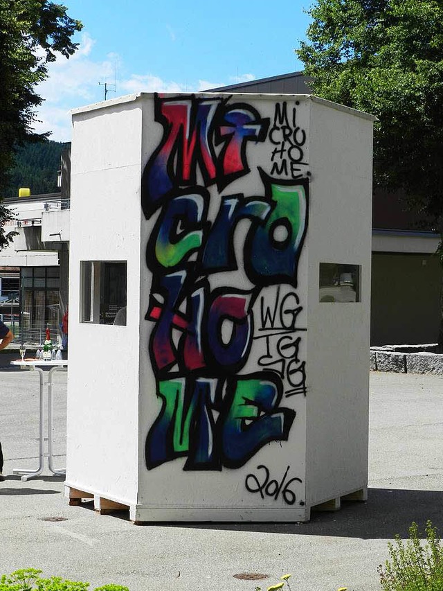 Das wei gestrichene Micro-Home mit dem gleichlautenden  Graffiti.  | Foto: Peter  Stellmach
