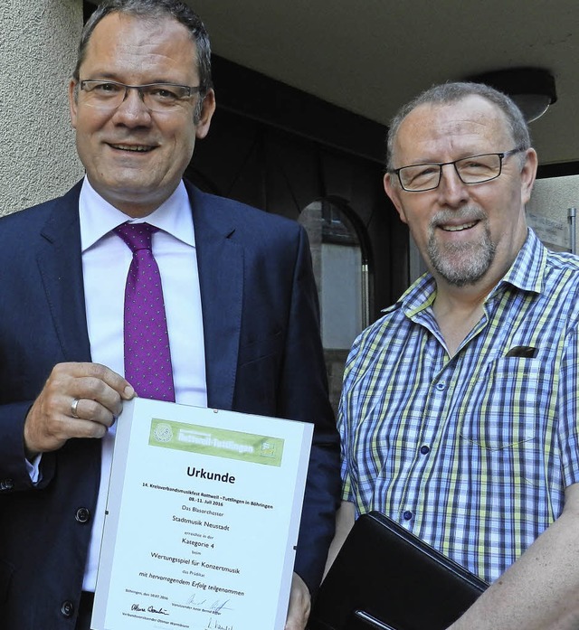 Stolz zeigen sie die Urkunde her: Thomas Vogelbacher (links) und Gtz Ertle   | Foto: Peter Stellmach