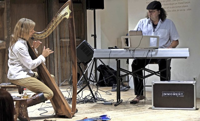Harmonie von Harfe, Gesang, Keyboard und Bass: Sanne Liedtke und Helmut Fischer   | Foto: Privat