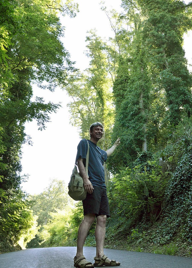 Boris Krause zeigt, dass sich im Hohlw...ie Robinien und Akazien breit machen.   | Foto: Horatio Gollin