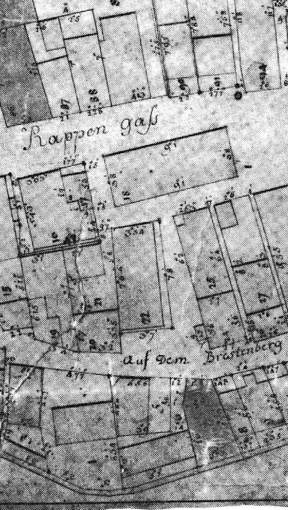 Ausschnitt aus dem Deissinger-Plan (um 1790). Die „Rappengaß“ ist der Urteilsplatz, unten die Brestenberggasse Ausschnitt aus dem Deissinger-Plan (um 1790). Die „Rappengaß“ ist der Urteilsplatz, unten die Brestenberggasse