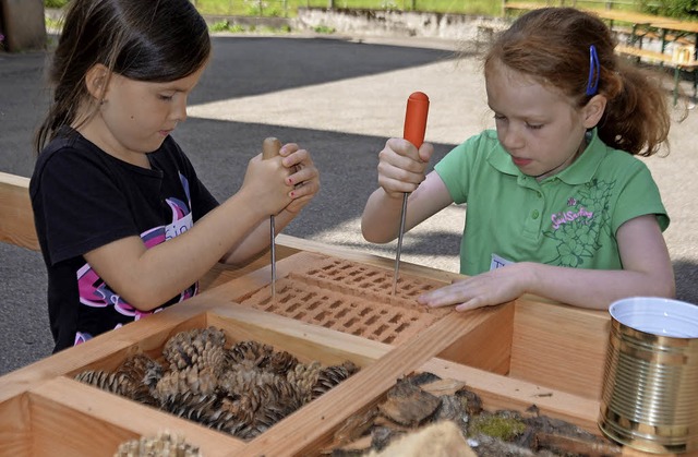 An mehreren Stationen wurde eifrig gew...e kleine Insektenhotels anzufertigen.   | Foto: Sarah Trinler