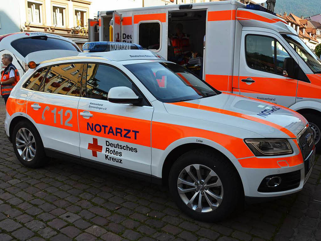 Notarzteinsatzfahrzeug (NEF) im Vordergrund und Krankenwagen im Hintergrund.