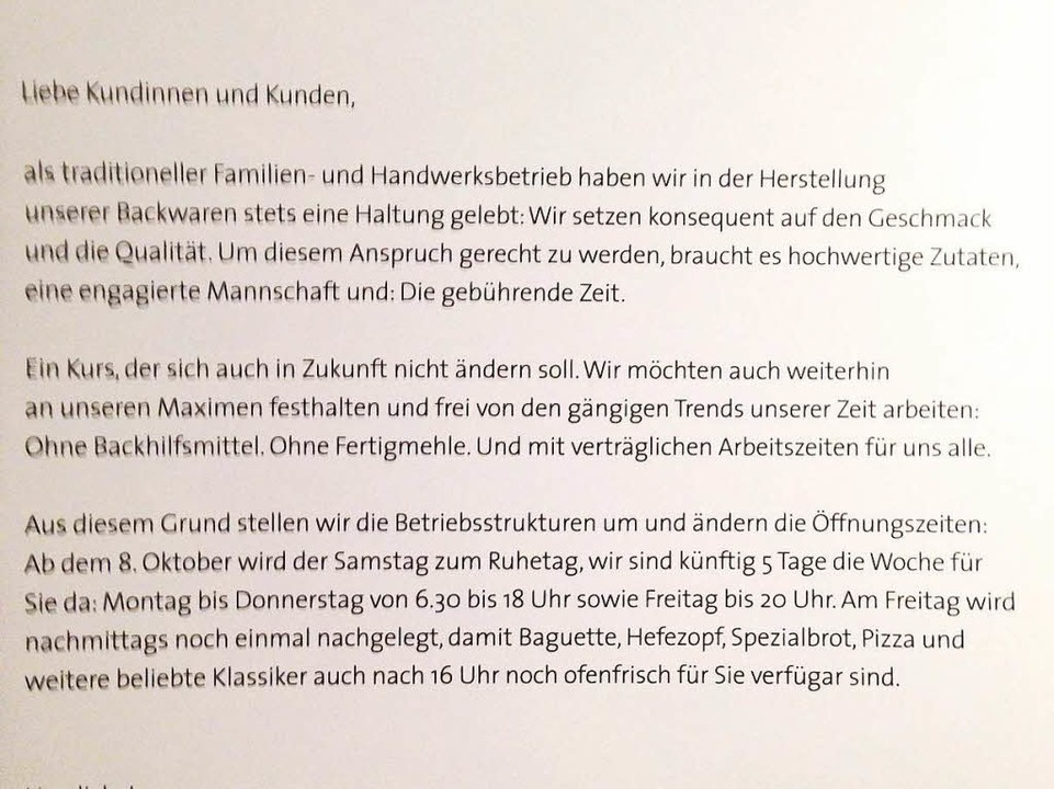 Mit einem Brief hat die Bckerei ihre Kundschaft informiert.  | Foto: Markus Hofmann
