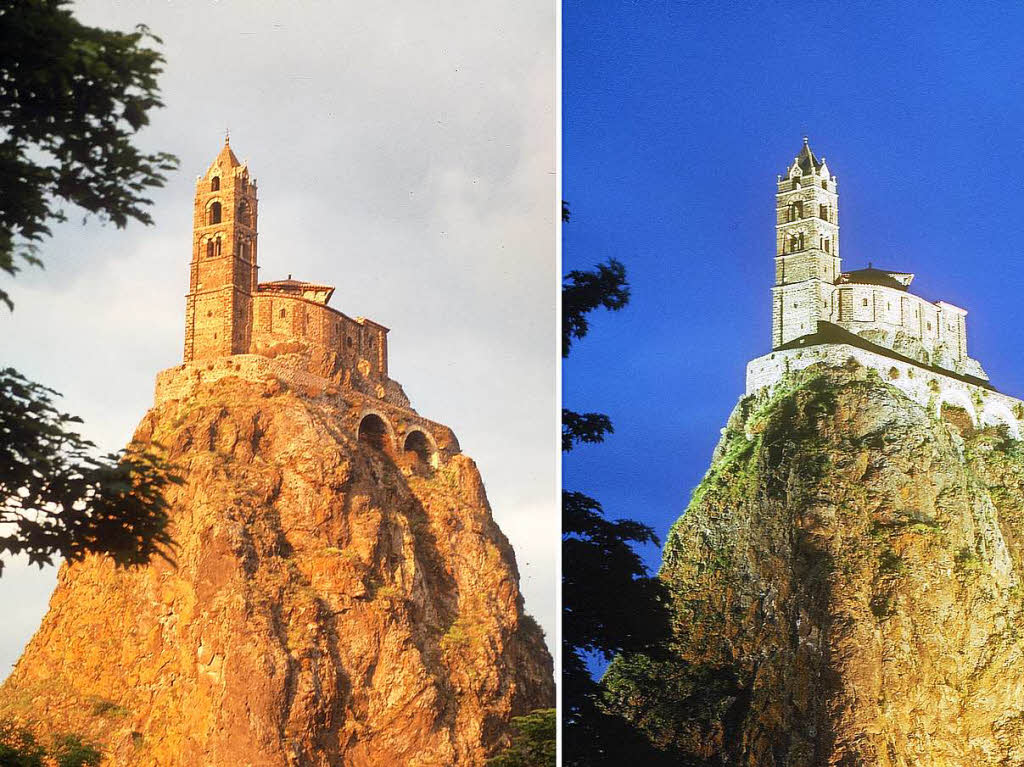Wchterin ber Tag und Nacht: Die Kirche Saint-Michel d’Aiguilhe thront in der Auvergne auf einem ehemaligen Vulkanschlot. Angelika Gawlista-Eidam machte am Fu der Erhebung Rast – und zwei Bilder zu unterschiedlichen Zeiten.