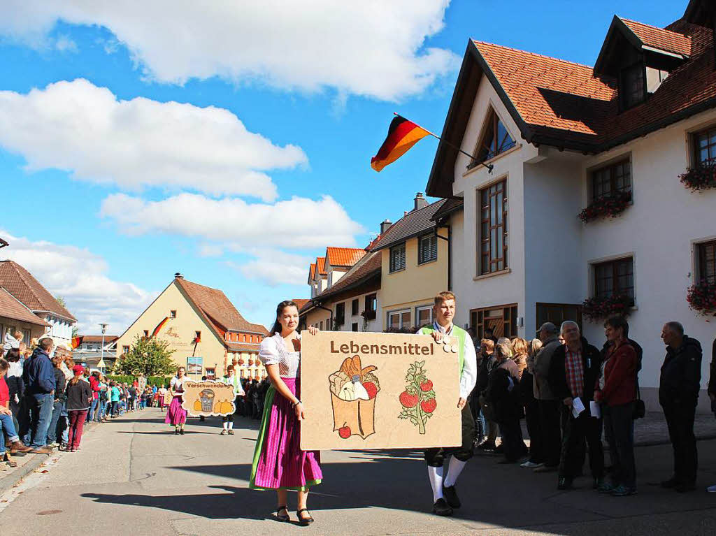 Mit Samen und Krnern kunstvollbeklebte Tafeln unterstrichen die einzelnen Landjugendgruppen das Motto des Kreiserntedankumzugs.