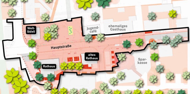 In Murg werden nchstes Jahr  der Plat...ach Osten hin  (rechts) neu gestaltet.  | Foto: Plan: Bro Faktorgrn/BZ-Infografik