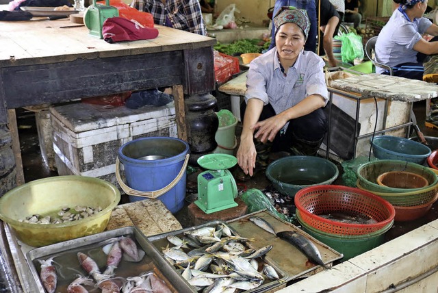 Hat kaum noch Kundschaft: Luu Thi Lan verkauft in Hanoi Meeresfrchte.   | Foto: dpa