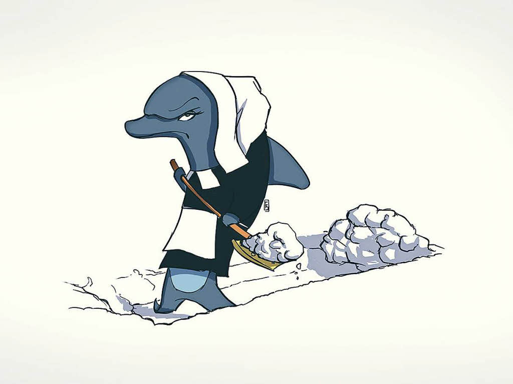 Vorgabe: Delfin, weiblich, Pilgrim-outfit, beim Schnee schippen