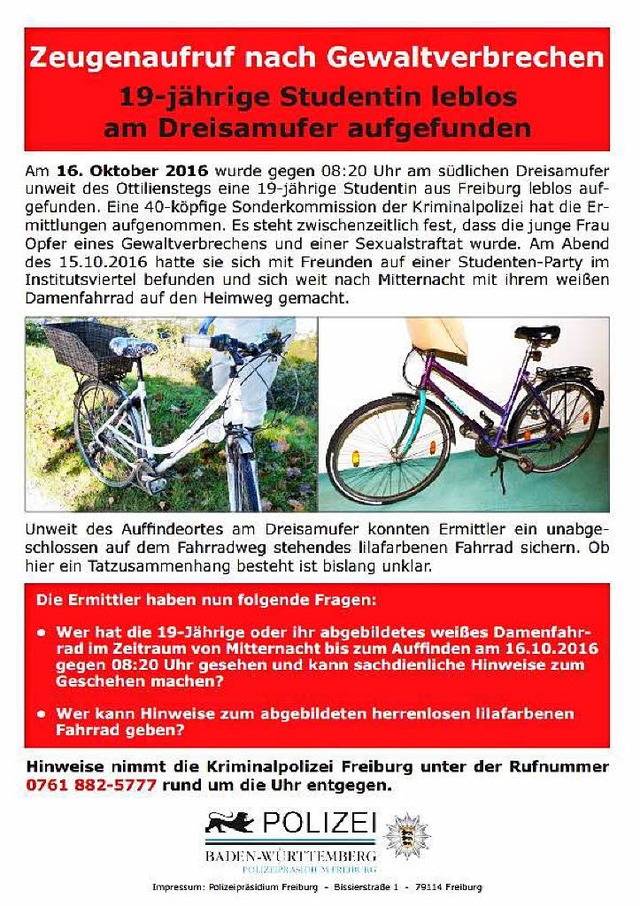 Der zweite Flyer der Freiburger Polize...das Fahrrad der getteten 19-Jhrigen.  | Foto: Polizei Freiburg